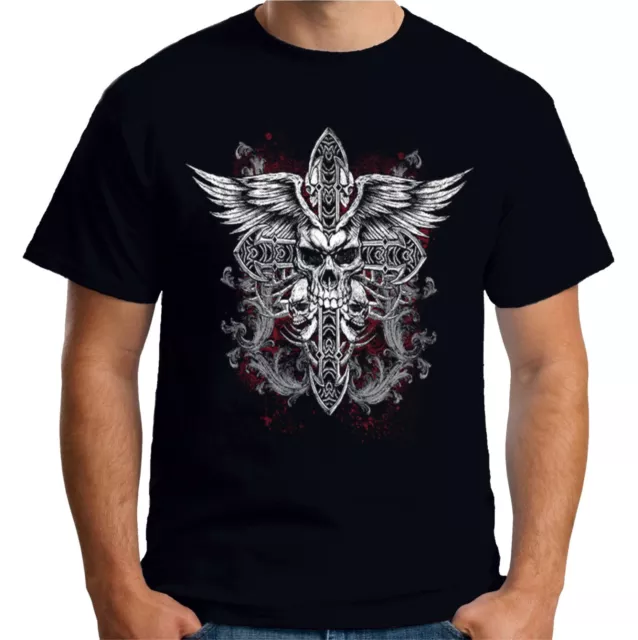 Velocitee Mens T-Shirt Medieval Skull Biker Cross Motorcycle Gothic Goth A23006