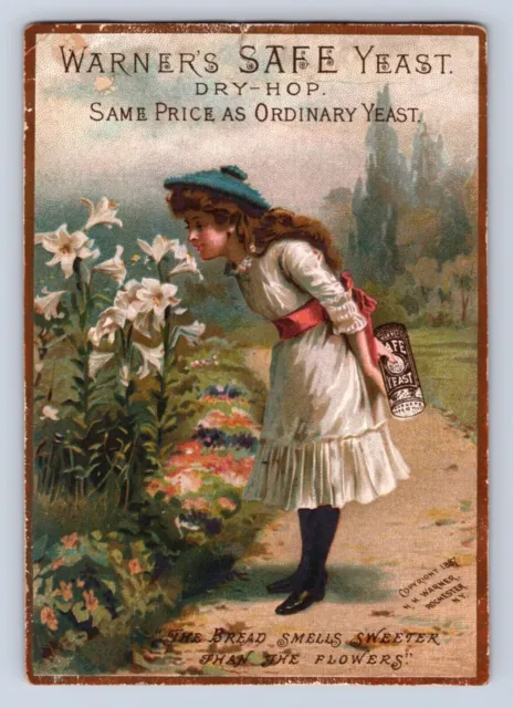 Victorian Trade Card Warners Safe Yeast Girl Smelling Flowers COVER POSTCARD BK