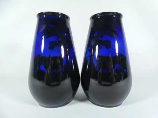 Antique Pair of Devon Ware Midnight Blue Highland Cattle Vases Fieldings 1471