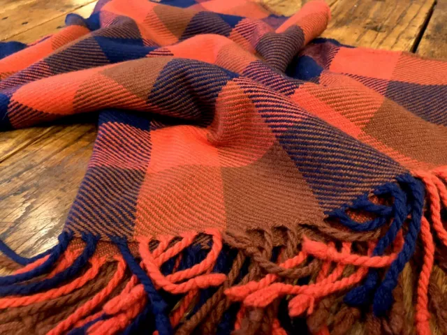 COACH Red Brown Blue Buffalo Check Wool Cashmere Large Shawl Fringe Wrap Scarf