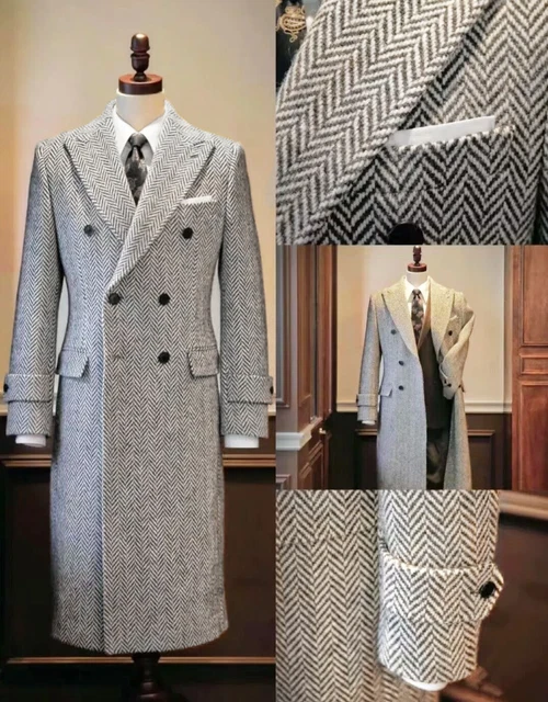 Manteau Long Homme Vintage à Chevrons - Laine Mélangée, Coupe Classique, Hiver
