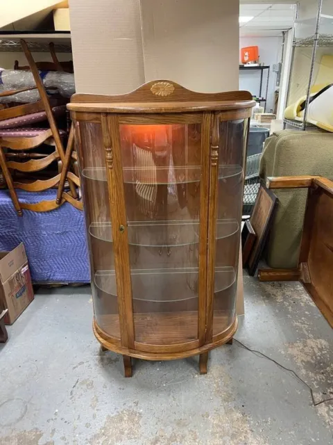 Vintage Oak Wood 3 shelf Curio Cabinet, Custom Interior Light, Curved Glass!