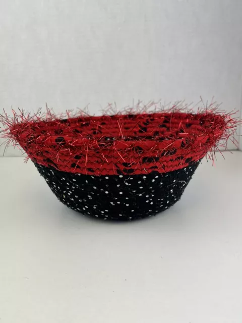 Handcrafted Coiled Rope Basket, Black & Red With Eyelash Yarn Rim 9” Diameter