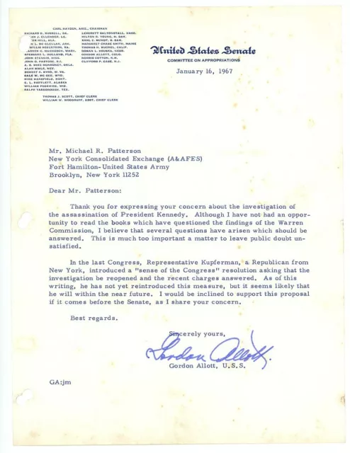 U.S. SENATOR GORDON ALLOTT signed 1967 TLS letter WARREN COMMISSION JFK