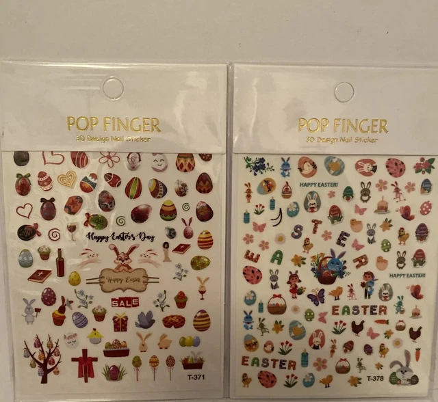 ¡Juego de 2! Pegatinas para uñas multicolores para conejos y huevos con temática de Pascua NewPop.