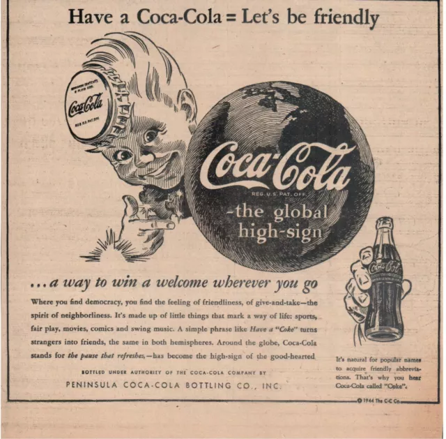 1944 Coke Coca-Cola "Sprite Boy" "Global High-Sign" Michigan clipped ad 8x8"
