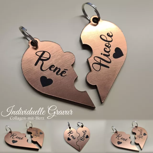 2 Schlüsselanhänger Gravur Herz geteilt Farbe Kupfer Geschenk Liebe Hochzeit uvm