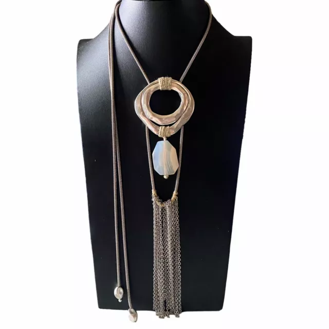 Boho Quartz Silver Tone Necklace Large Statement Adjustable Bolo Chain