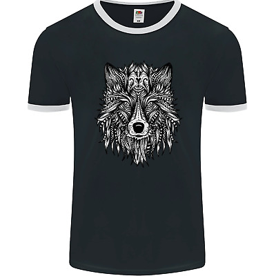 Mandala Tribal Wolf Tattoo Mens Ringer T-Shirt FotL