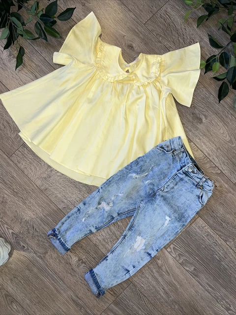 Top ragazza RIVER ISLAND collo galleggiante al limone e abito jeans strappati 4-5 anni