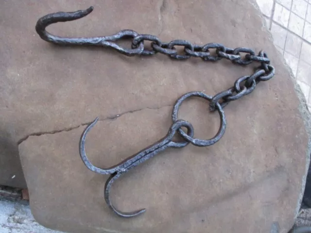 Vintage Blacksmith Wrough Iron 2 Claws Old Hook & Chain Boat Maritime Hand Tool