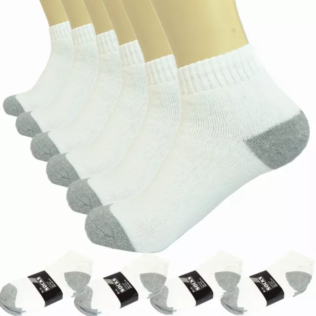 3 6 12 Pairs Ankle Quarter Crew Mens Sport Socks White 2 Tones Cotton Size 10-13