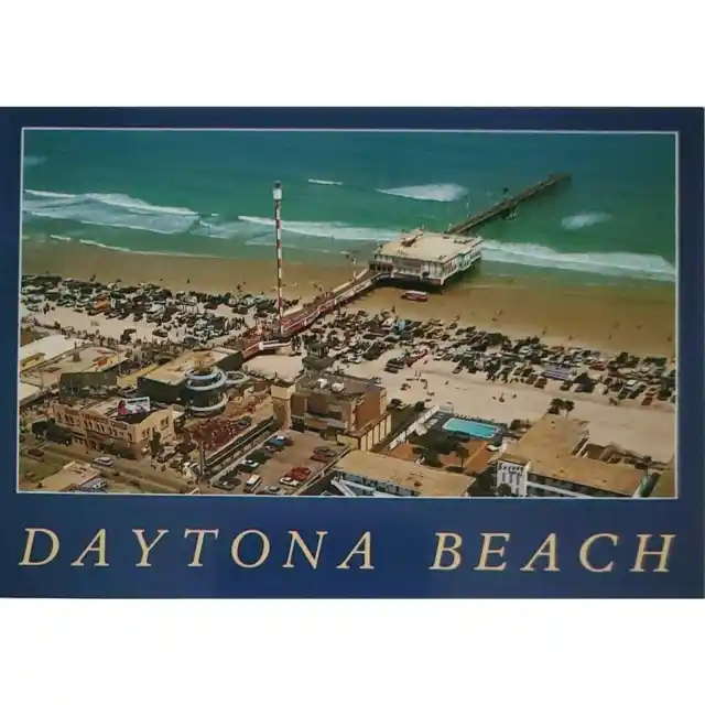 Daytona Beach FL Postcard Aerial View Pier Ocean Street Scene Cars on Beach