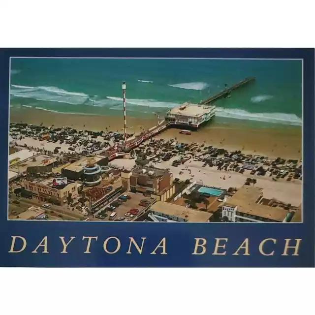 Daytona Beach FL Postcard Aerial View Pier Ocean Street Scene Cars on Beach