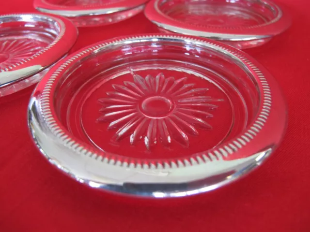 Set Of 4 Silver Plate Starburst Glass Elegant Coasters 3