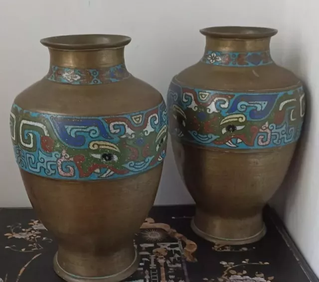 Pair of Vintage Chinese Brass & Enamel Vases