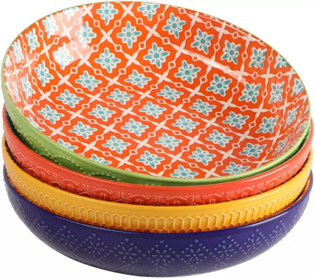 Ceramic Pasta Bowls - Large Colorful Serving Bowl Set (40 Oz, Set of 4)