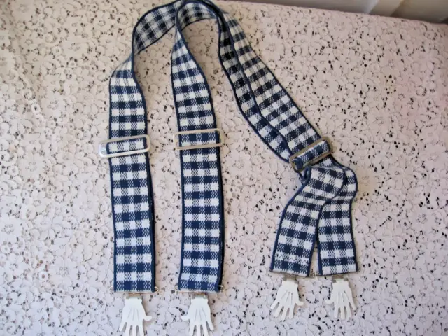 Vintage Blue White Gingham Suspenders - Hand Clips - Costume -Clown - 1 Size