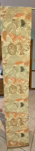 Japenese Kimono Antique MARU OBI Silk Brocade Woven Crane Ōtsuzumi Phoenix Mum