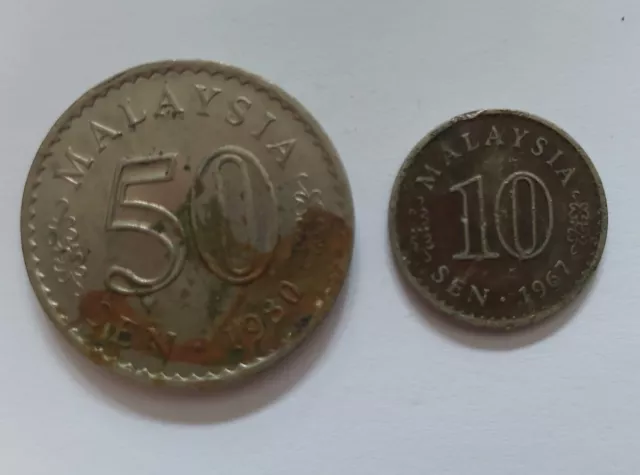 Qty Two-Malaysia -1967 10 Sen,1980 50 Sen Coins