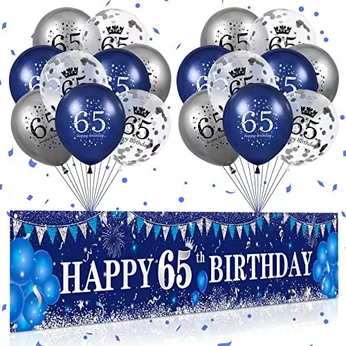 65TH BIRTHDAY BANNER Decorations for Men Women Navy Blue Silver Happy ...