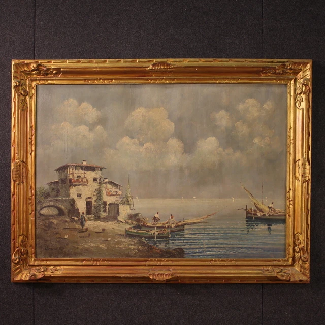Marina paesaggio dipinto ad olio su tavoletta quadro firmato italiano 900