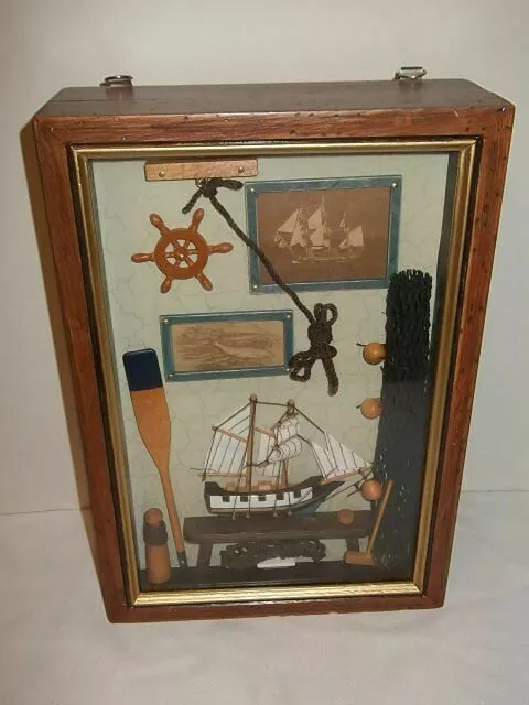 WOODEN KEY CABINET NAUTICAL 3-D Wood SHADOW BOX Wall Mount Glass Door 4 Hooks