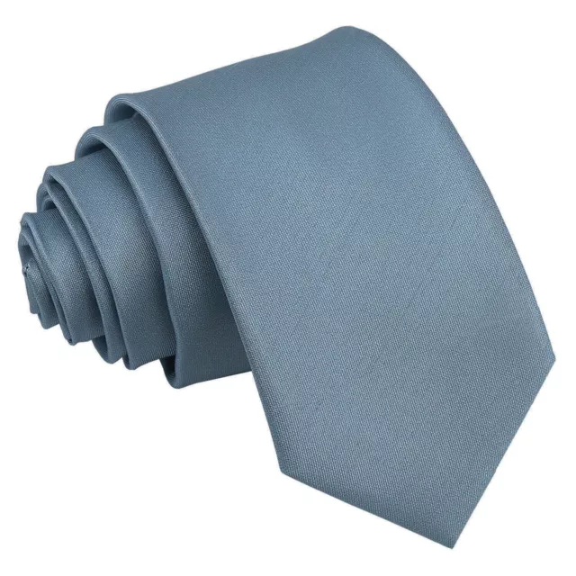 Dusty Blue Slim Tie Solid Plain Shantung Mens Formal Wedding Necktie by DQT