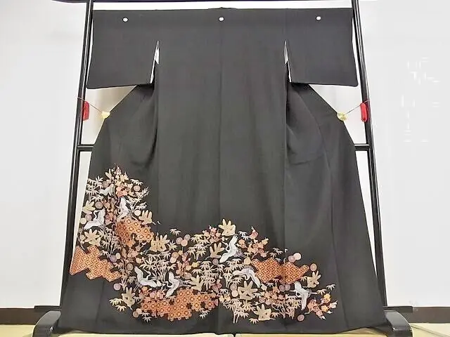 Japanese KIMONO TOMESODE/ Silk Black/kimono accessories& Hanger/7items
