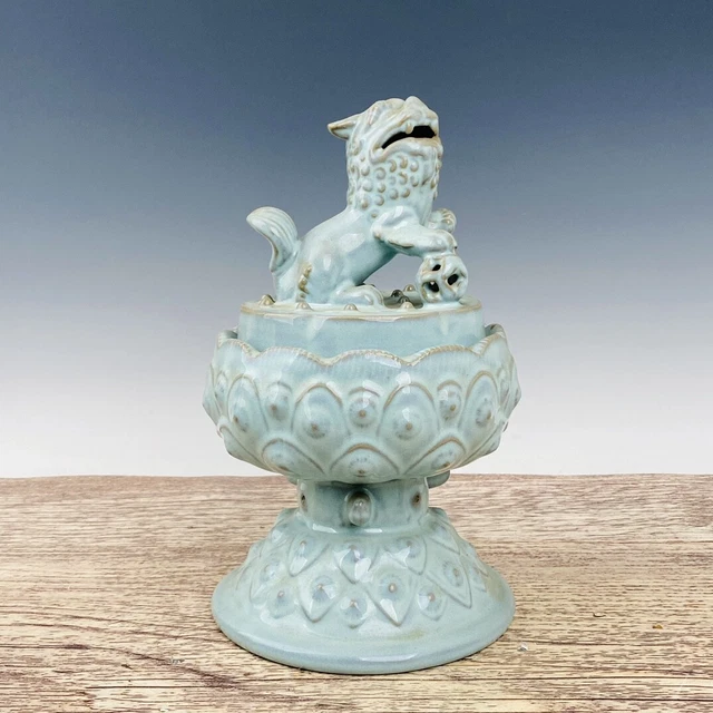 12.6" China Porcelain Song dynasty ru kiln cyan glaze lion lotus Incense Burner