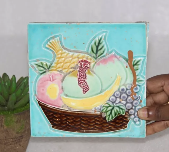 1920s Vintage Fruit Basket Embossed Unused Dk Tm Architecture Tile Japan