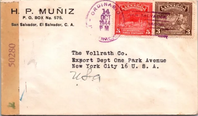 Schallstamps El Salvador 1940-45 Postal History Censored Airmail Cover Addr Usa