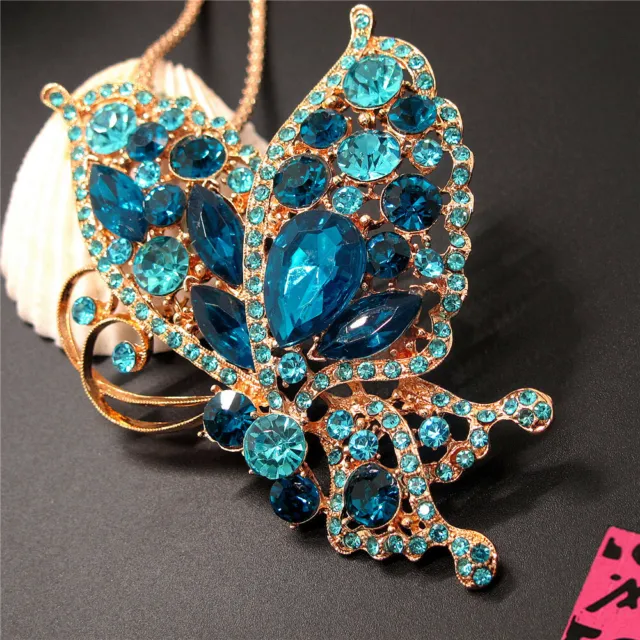 New Blue Rhinestone Bling Butterfly Insect Fashion Women Chain Necklace