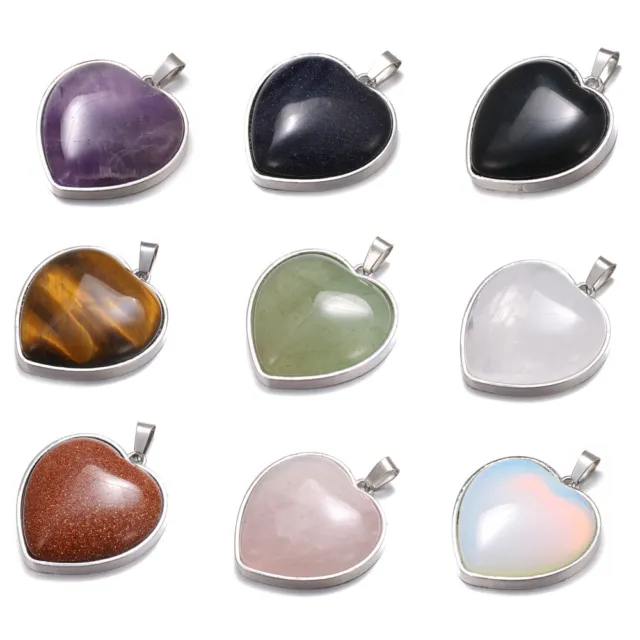Classic Gemstone Healing Crystal Quartz Love Heart Stone Pendant Necklace Gift