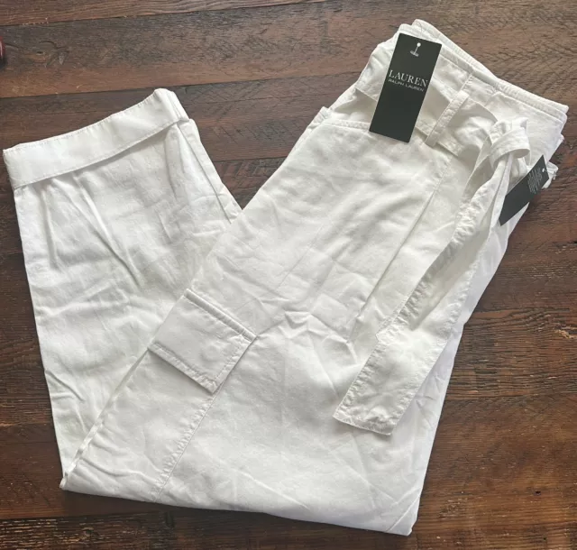 Nwt Ralph Lauren Womens Size 4 White Paper Bag Belted Cuffed Cargo Pants Cotton