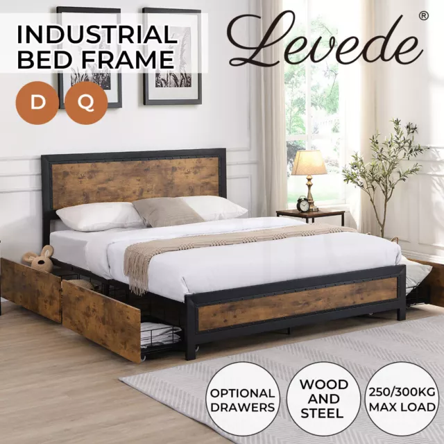 Levede Bed Frame Double Queen Metal Mattress Base Storage Wooden Industrial