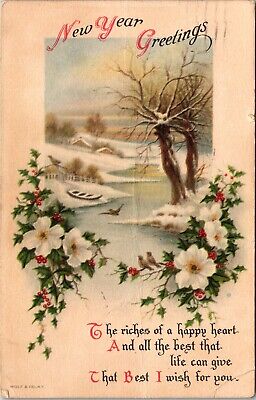 New Year Greetings Snowy Creek Scene Flowers Holly 1920s Wolf & Company Postcard