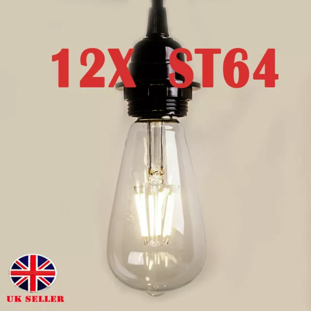 4X 8X E27 4/8/12W ST64 Warm White Vintage Edison LED Filament Bulb Retro Light