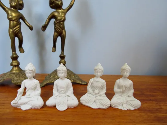 4 Buddha Figurines White Statues Ornament Terrarium Zen Feng Shui Plant Decor