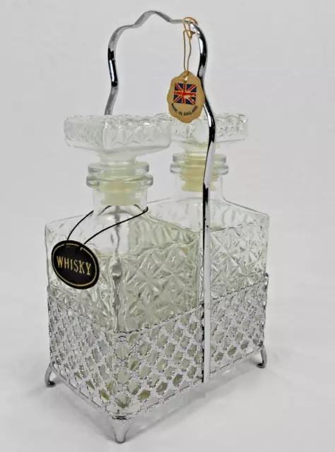 1960's vintage Mid century English Whiskey stainless Caddy  2 decanter set