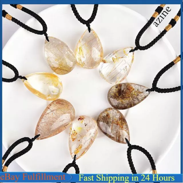 Natural Gold Rutilated Quartz Crystal Pendant Droplet Stone Meditation Talisman