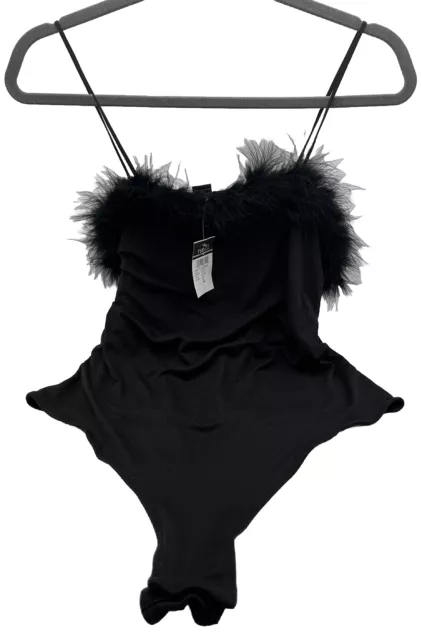 Rue 21 Women’s Size L Black Feather Trim Spaghetti Strap Bodysuit