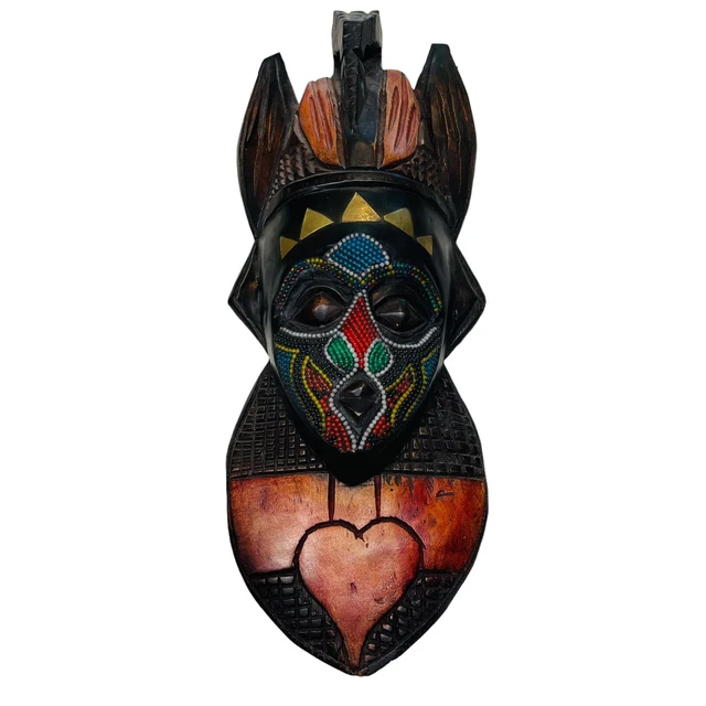Vintage African Tribal Wood Hand Carved Mask Beads Ashanti Ghana Wall Hanger 17”