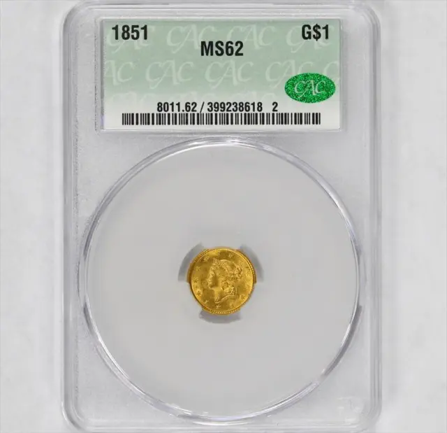 1851 $1 Liberty Head Gold Dollar - CACG MS62 CAC - Lustrous, Type 1