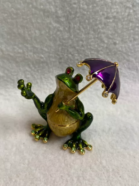 Jeweled Enameled Hinged Frog with Umbrella Trinket Box