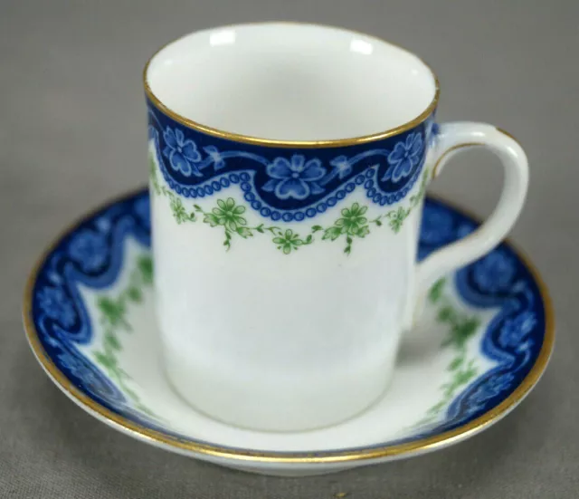 Royal Worcester W7055 Cobalt Green Floral & Gold Demitasse Cup & Saucer C.1904