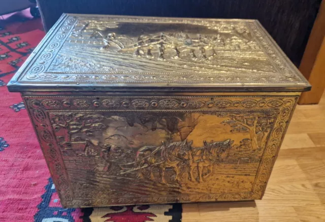 Embossed With Horse - Brass Coal Log Fireside Box  Vintage Interior Home Piece