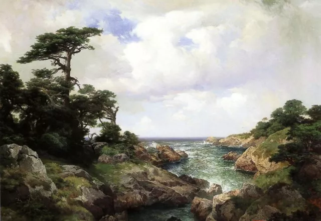 Oil painting Thomas Moran - Monterey Coast seascape with old tree landscape art