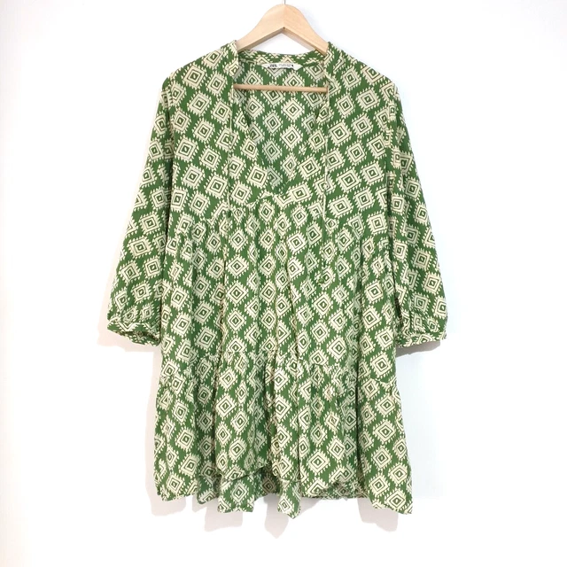 Zara Patterned Smock Dress UK Large Green Cream Aztec Boho Hippie Gypsy Beach