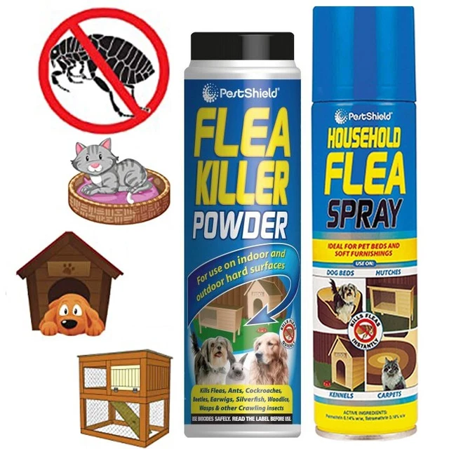 Pest Shield Household Flea Killer Spray or Powder Indoor & Outdoor Beds Carpets